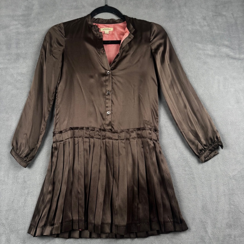 Burberry Girls Brown 100% Silk Pleated Drop Waist Dress Size 10Y 140cm